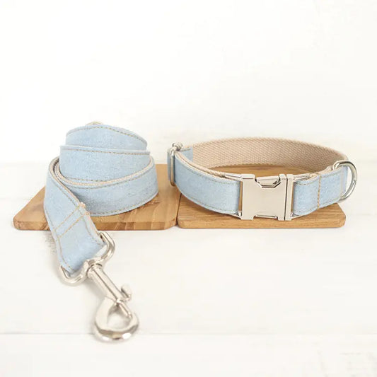 Blue Denim Dog Collar and Leash